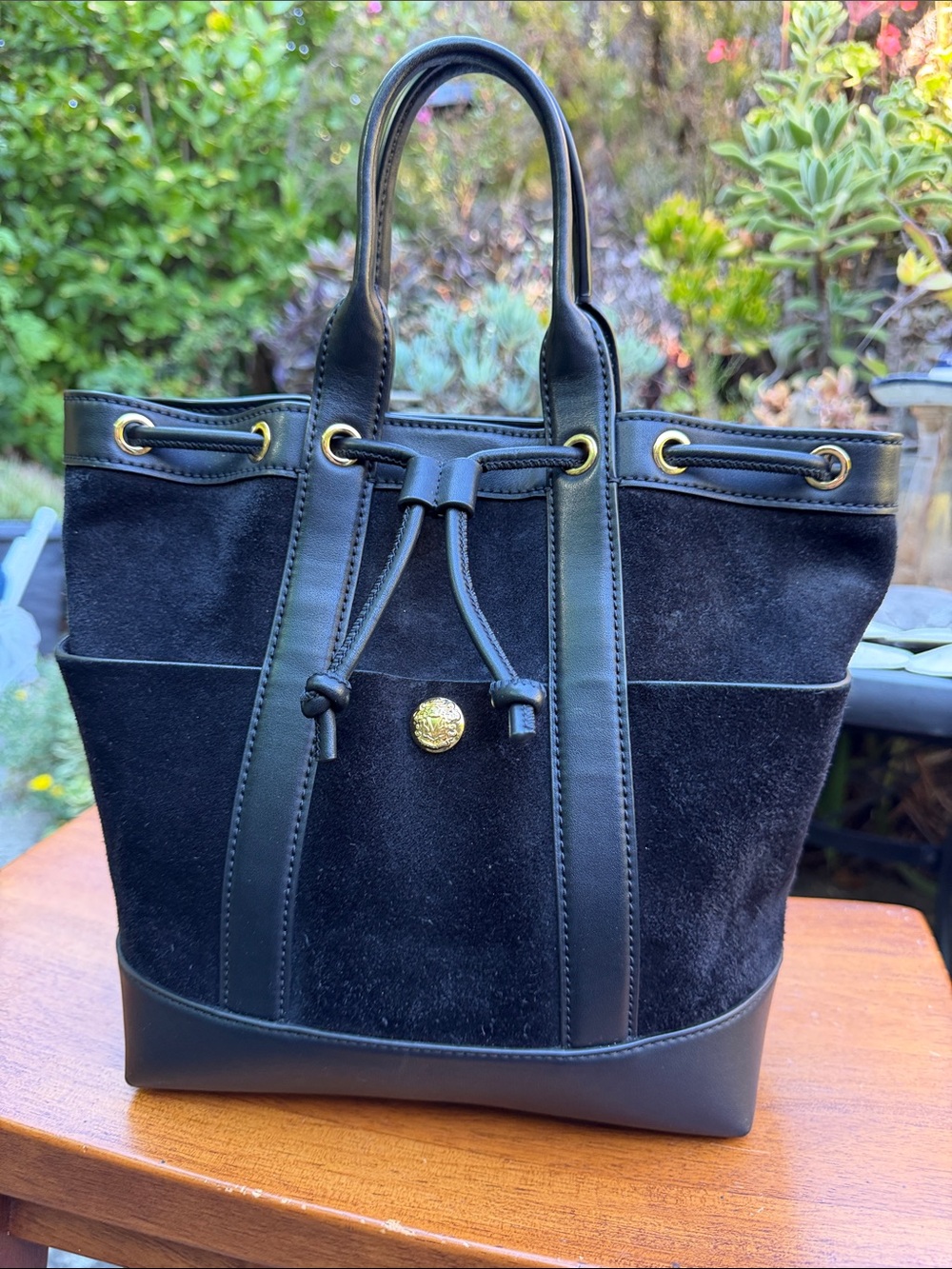 Veronica Beard Black Suede & Leather Drawstring Tote with Gold Hardware